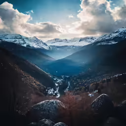 a mountain valley with a river in the middle