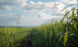 a long field with some plants in the foreground