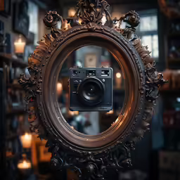 there is a mirror with a picture inside