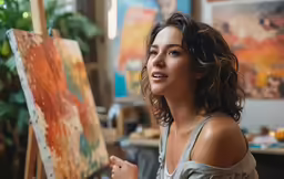 a girl in an art studio is looking to the sky and holding up her easel