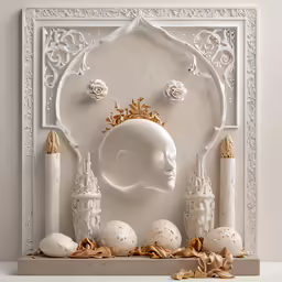a white crown head surrounded by candles and eggs