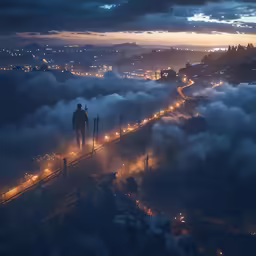 people standing on the walkway of a highway at night