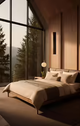 a large window view shows trees outside the bedroom
