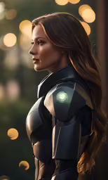a woman in an armor suit stands in the sunlight