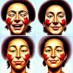 four faces with blood on their cheeks and noses,six pictures of a person