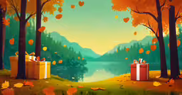 some colorful trees some gift boxes and some leaves,there is a painting of trees, a lake and two gifts