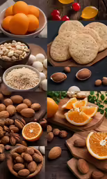 the oranges are arranged next to crackers, almonds and fruit