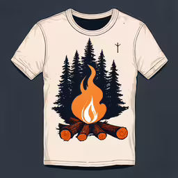a campfire t - shirt that is being hung up,t - shirt with campfire on it and trees around
