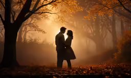 two people standing in the foggy woods near trees