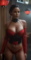 a very sexy woman in a red top and black underwear