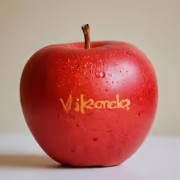 a red apple with yellow lettering is placed on a white surface