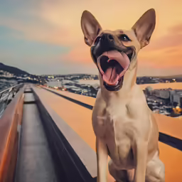 a happy dog sitting on top of a ramp