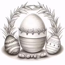 some eggs in a basket next to two branches,a drawing of some easter eggs on a white background