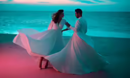 the man and woman are dressed in white on the beach