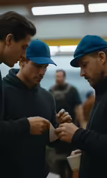 two men looking at their cell phones while another mans looks at his cell phone
