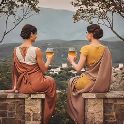 two women are sitting on the top of a hill drinking wine