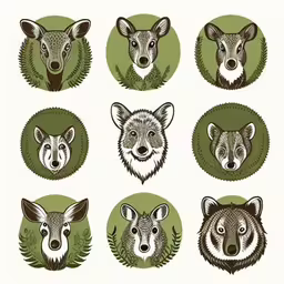 a series of cartoon animals in green and white,a bunch of wild animals that are on top of a circle,twelve heads of animals with leaves and vines,eight animals are grouped together and are depicted,several images of various heads in the shape of animals