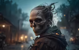 a woman with makeup and a zombie make up stands in the street