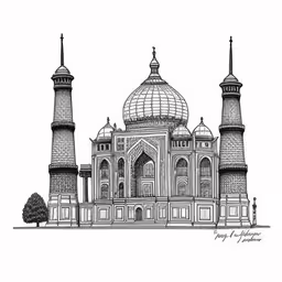 a drawing of a large building with two mina towers,a drawing of a building in pencil