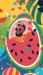 a man with sunglasses sitting on top of a watermelon