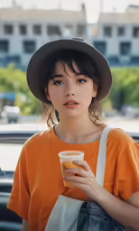 the young lady is holding a drink in a glass