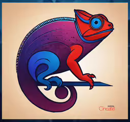 a colorful chamelon sitting on top of a wooden branch,colorful chamelon lizard on tan background with dark blue border