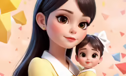 an animated image of a young girl holding her doll