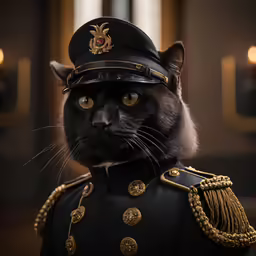 a black cat in an uniform with a salute on his head