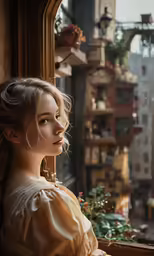 a woman staring out a window on a rainy day