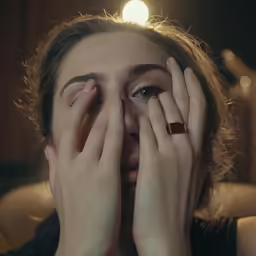 young woman with hands around her face looking into camera