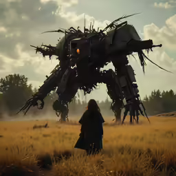 a woman in black is walking by a giant metal robot