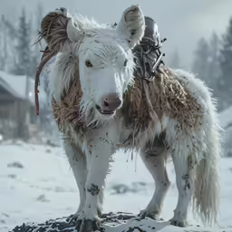 a brown and white cow with something in its mouth standing on top of a pile of snow