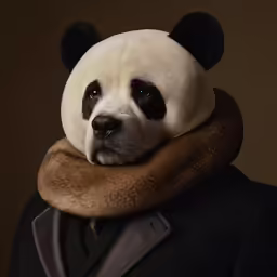 a panda bear wearing a leather and fur collar