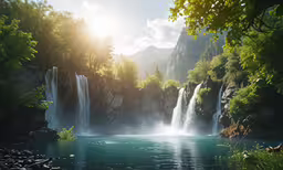 waterfalls with bright sun rays coming through the trees and water