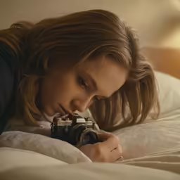 a girl lying in bed with a camera
