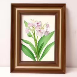 a wood frame holds pink flowers on the white wall