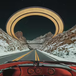 a picture looking down the road with mountains and night sky