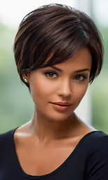 a woman wearing black with a short brown hairdo