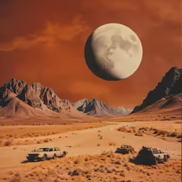 three abandoned cars in the desert under an alien moon