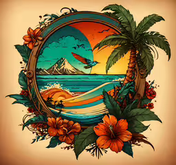 a painting with palm trees, a wave, and waves,a tropical scene with flowers, palm trees and waves