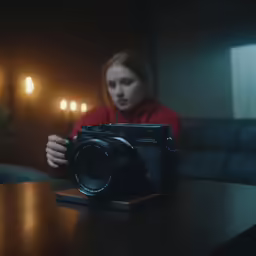 a young woman takes a photo of a camera