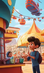 an animated picture of children eating under umbrellas