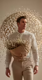 a man wearing a suit and holding flowers in it