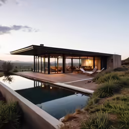 an outdoor swimming pool at dusk with lounge chairs