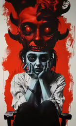a person wearing red eyes holding their hands in front of their face