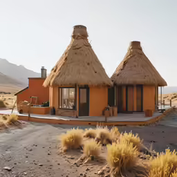 an empty home in a desert with a grass roof