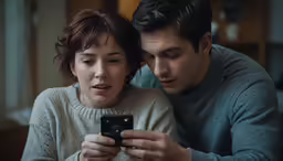 a young man and woman are looking at a cell phone