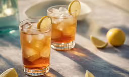 two glasses with iced tea and sliced lemons