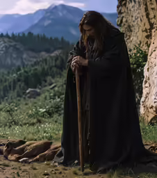 a man with long hair wearing a black cape and holding a stick standing in front of mountains