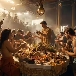 a group of people standing around a table filled with food